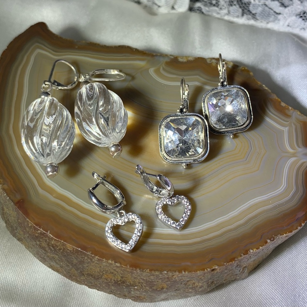 Vintage Silver and Crystal Heart Earrings Lot